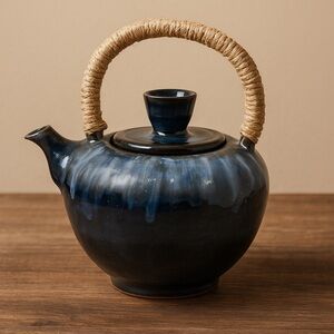 Vtg Stoneware, Handmade Studio Pottery Teapot – Tenmoku & Blue Ash Drip Glaze